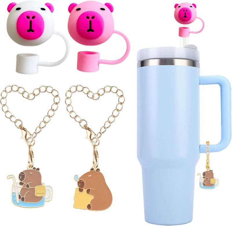 Kleeblatt Capybara Straw Covers Cap For Stanley Cup, 2pcs 10mm Silicone Cute Straw Toppers For Tumblers With 2pcs Capybara Charms Personalized, Stanley Cup Accessories - Image 1
